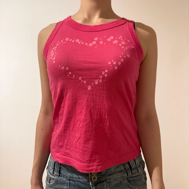 Y2K Pink Heart Print Tank Top (S)