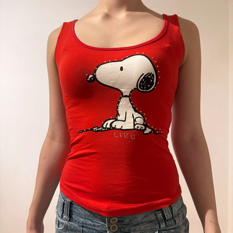 Y2K Red Snoopy Graphic Tank Top with Rhinestone Accents (S)