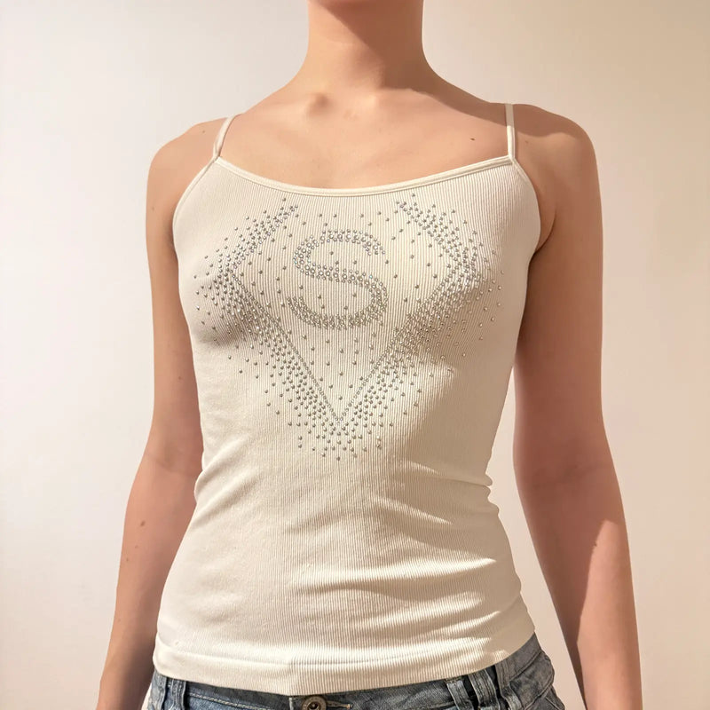 White Rhinestone S Logo Tank Top – Y2K Spaghetti Strap Camisole (S)