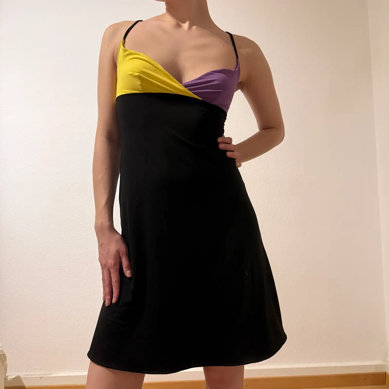 Colorblock Slip Dress – Black with Yellow & Purple Bust Detail Y2K (S)
