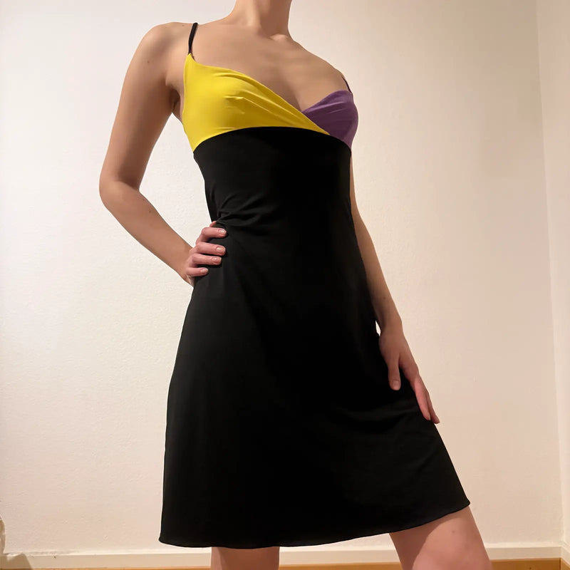 Colorblock Slip Dress – Black with Yellow & Purple Bust Detail Y2K (S)