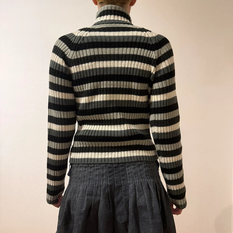 Striped Ribbed Zip-Up Sweater – Vintage Y2K Grunge Academia (S)