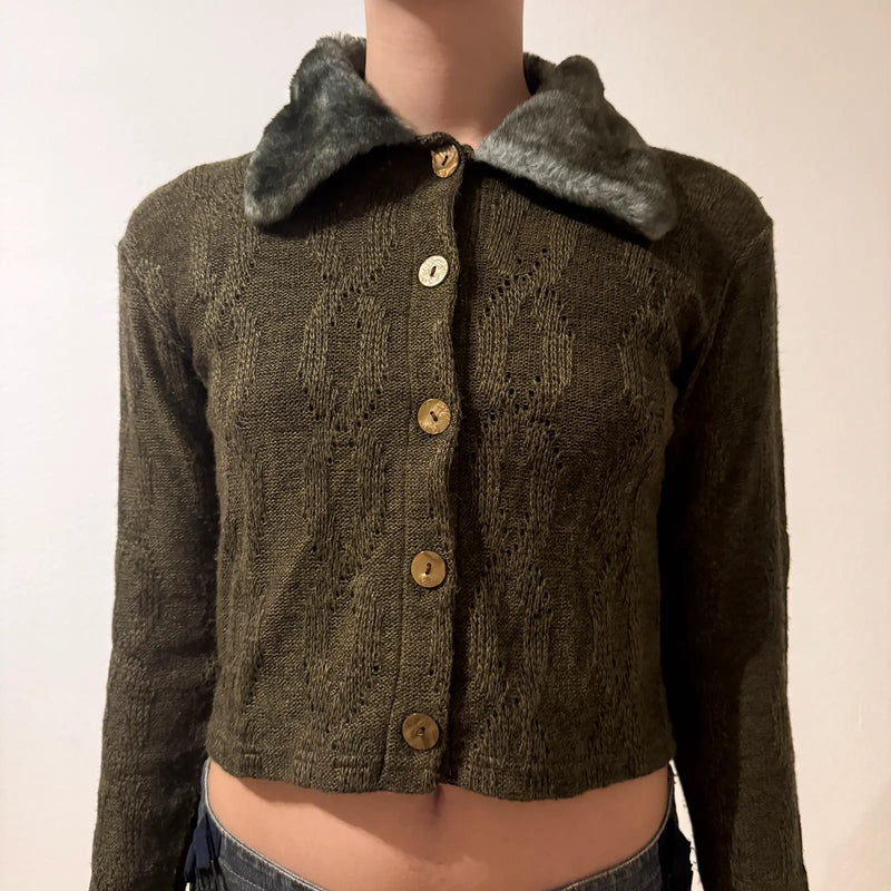 Olive Green Knit Cardigan with Faux Fur Collar – Vintage Y2K Cozy Chic (S)