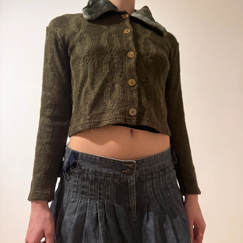 Olive Green Knit Cardigan with Faux Fur Collar – Vintage Y2K Cozy Chic (S)