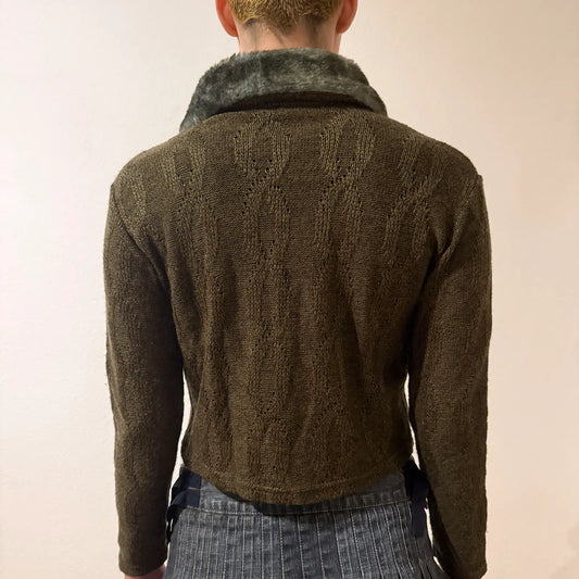 Olive Green Knit Cardigan with Faux Fur Collar – Vintage Y2K Cozy Chic (S)