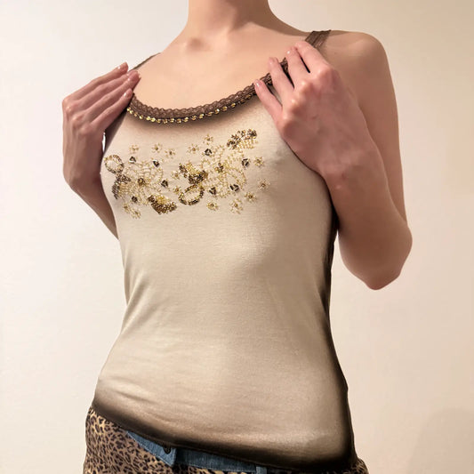 Gold Embellished Cami Top – Vintage Y2K Glam Tank (S)