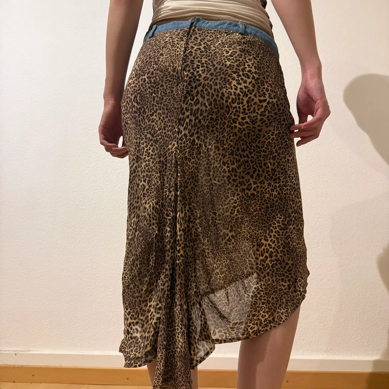 Leopard Mesh Midi Skirt with Denim Waistband – Vintage Y2K Layered Look (S/M)
