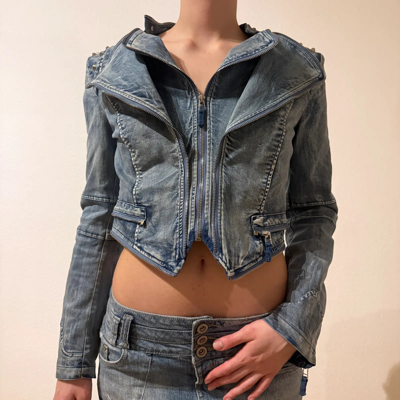 Fitted Washed Denim Jacket – Vintage Y2K Moto Style (S)