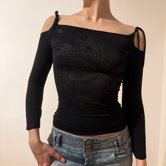 Vintage Y2K Night-Out Glam  - Black Off-Shoulder Rhinestone Top (S)