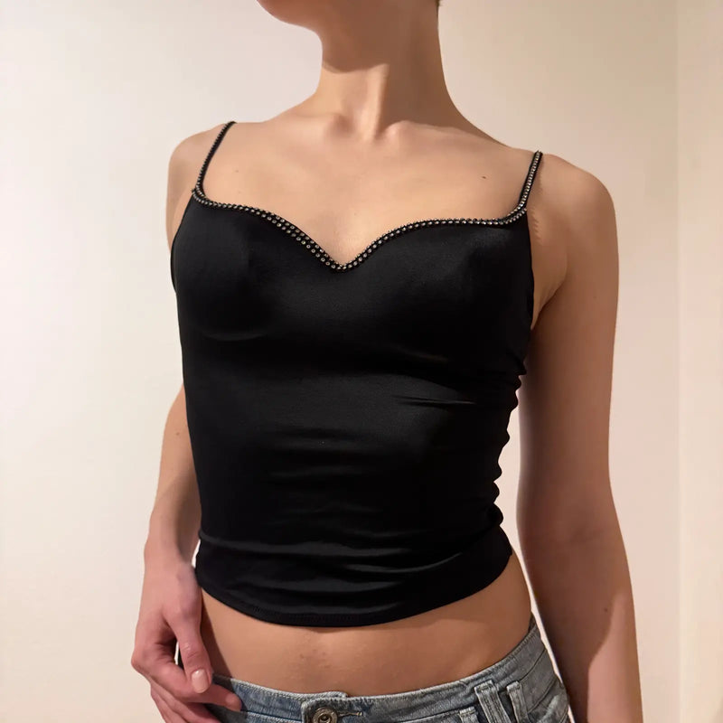 Vintage Y2K Glam  - Black Satin Cami Top with Rhinestone Trim (S)