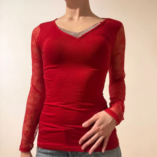 Red Sheer Lace-Sleeve Top – Vintage Y2K Glam Clubwear (S)