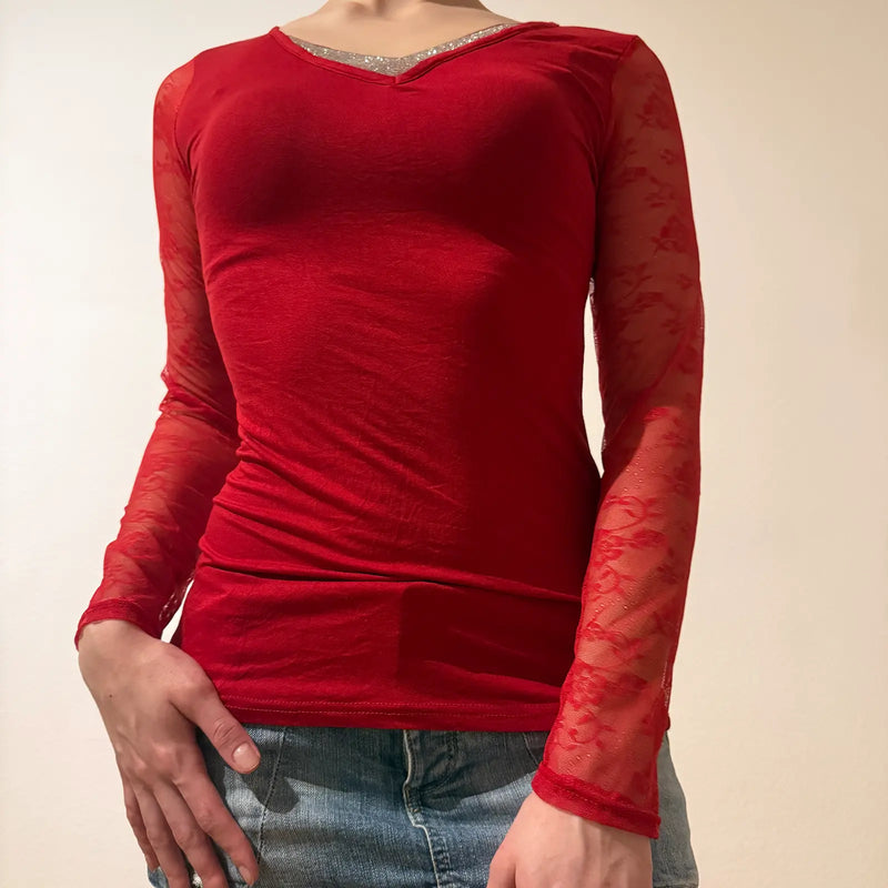 Red Sheer Lace-Sleeve Top – Vintage Y2K Glam Clubwear (S)