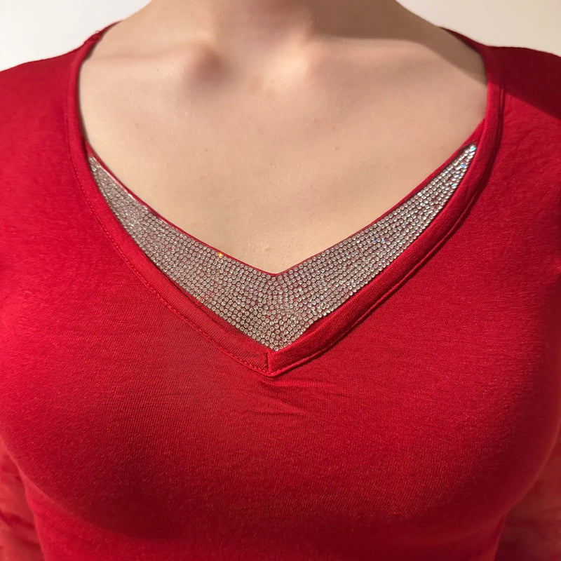 Red Sheer Lace-Sleeve Top – Vintage Y2K Glam Clubwear (S)