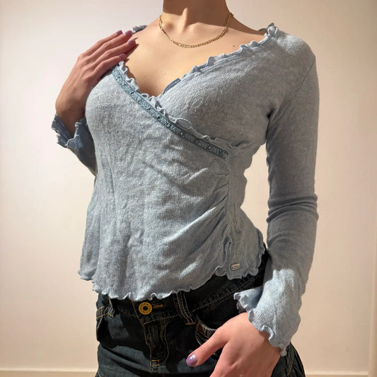 Light Blue Trim Top Y2K Knit Surplice Blouse (S)