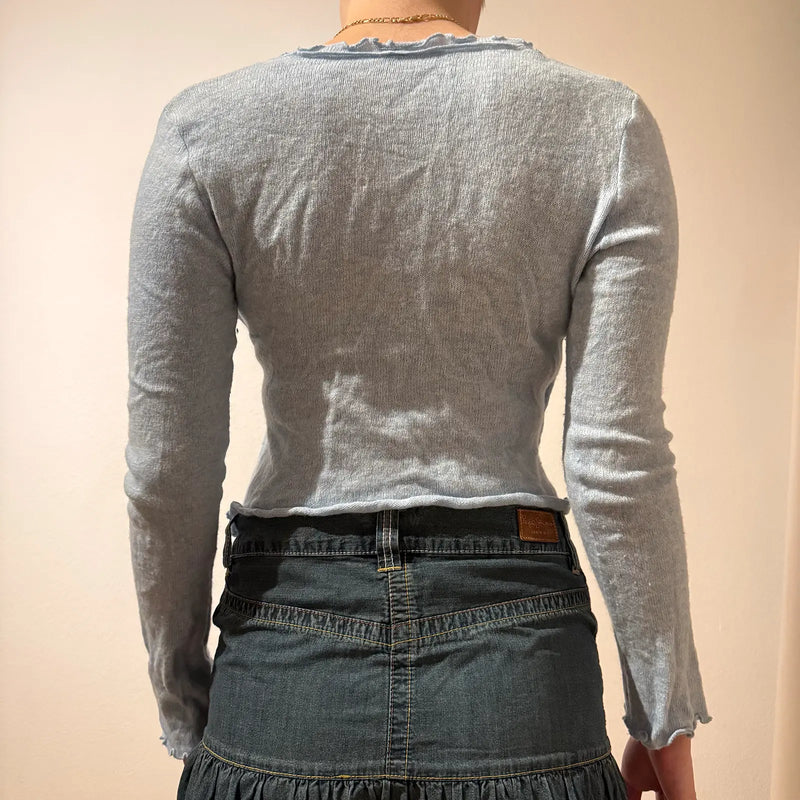 Light Blue Trim Top Y2K Knit Surplice Blouse (S)