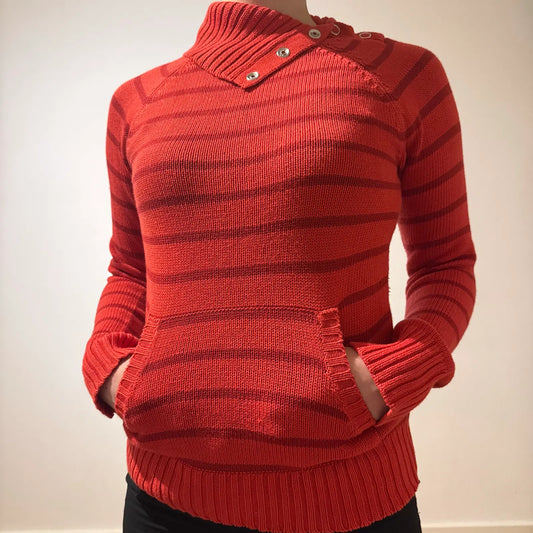 Red Striped Funnel Neck Knit Sweater - Y2K Style Pullover (S)