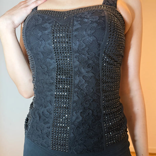 Y2K Black Lace Corset Style Top – Rhinestone Studded Bustier Tank (S)