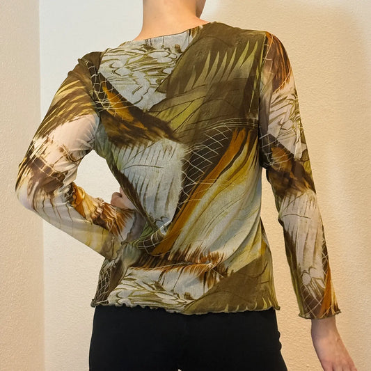 90s/2000s Abstract Mesh Top – Earth Tone Sheer Long Sleeve (S)