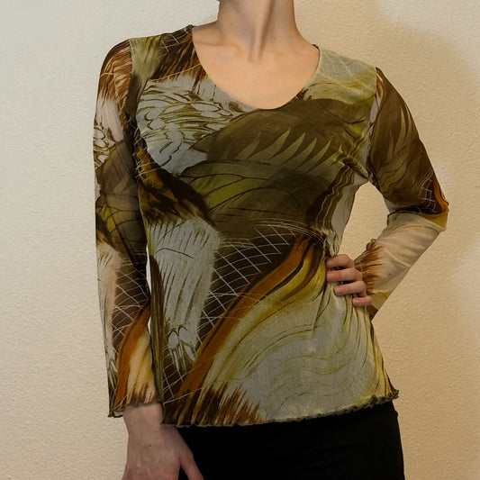 90s/2000s Abstract Mesh Top – Earth Tone Sheer Long Sleeve (S)