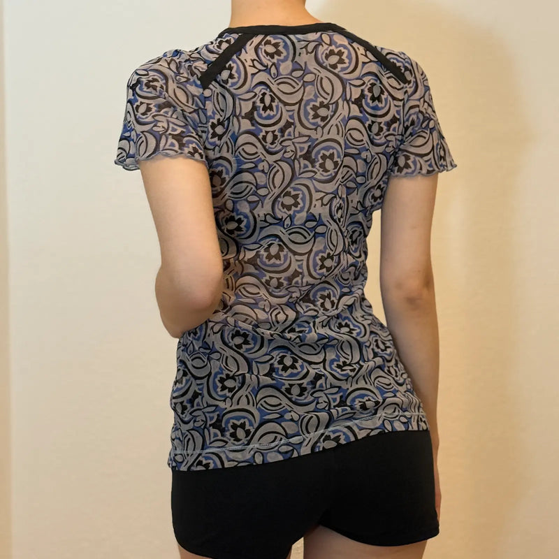 90s/2000s Sheer Mesh Graphic Top – Lace-Up Neck Short Sleeve (S)