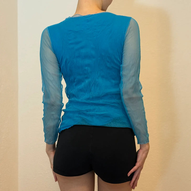 Sheer Y2K Long Sleeve Top – Blue See Through Layered Look (S)