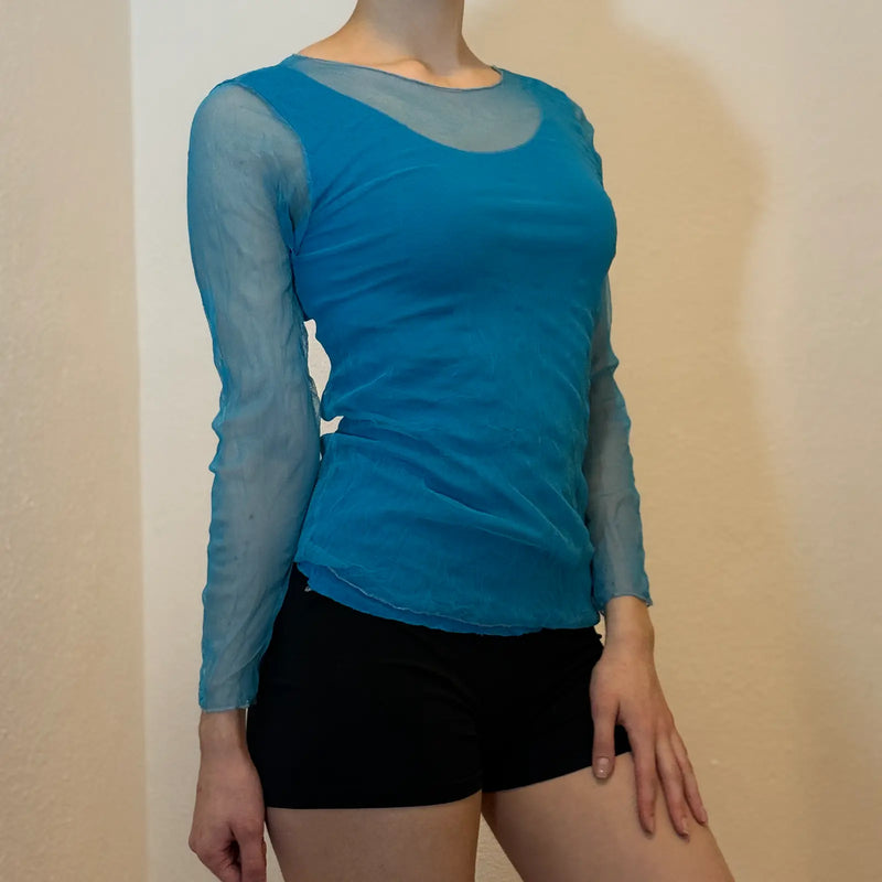 Sheer Y2K Long Sleeve Top – Blue See Through Layered Look (S)