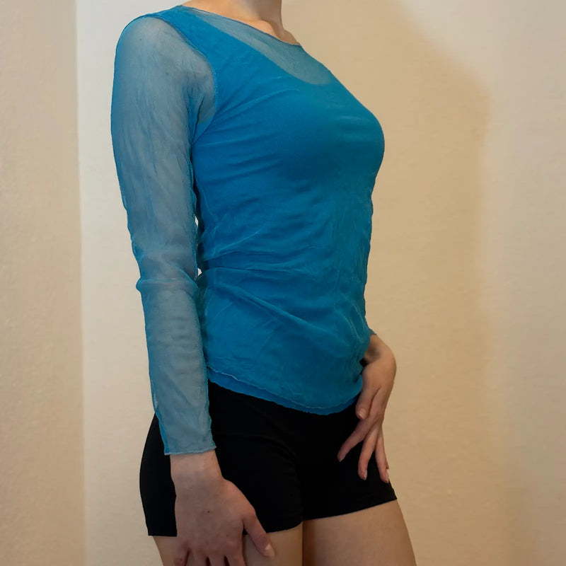 Sheer Y2K Long Sleeve Top – Blue See Through Layered Look (S)