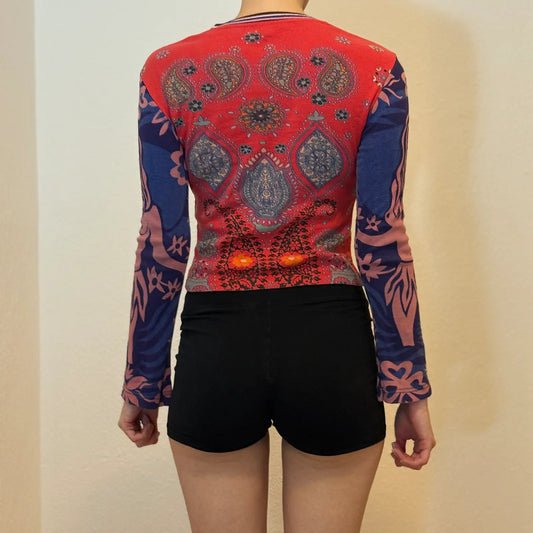 Vintage Y2K Boho Paisley Print Long Sleeve Top – Red Blue Patterned (S)