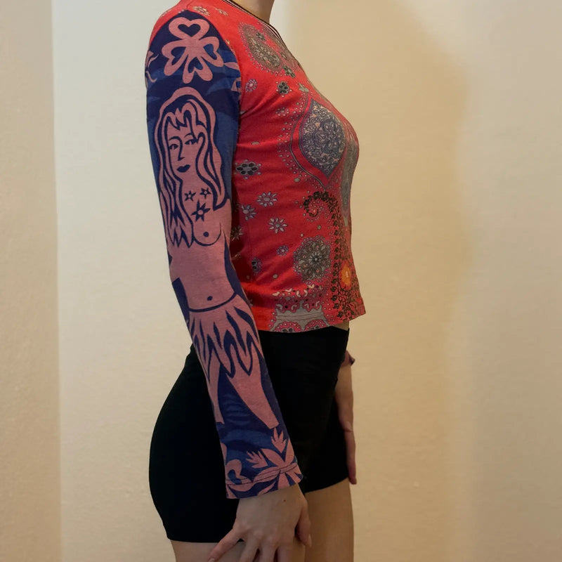 Vintage Y2K Boho Paisley Print Long Sleeve Top – Red Blue Patterned (S)
