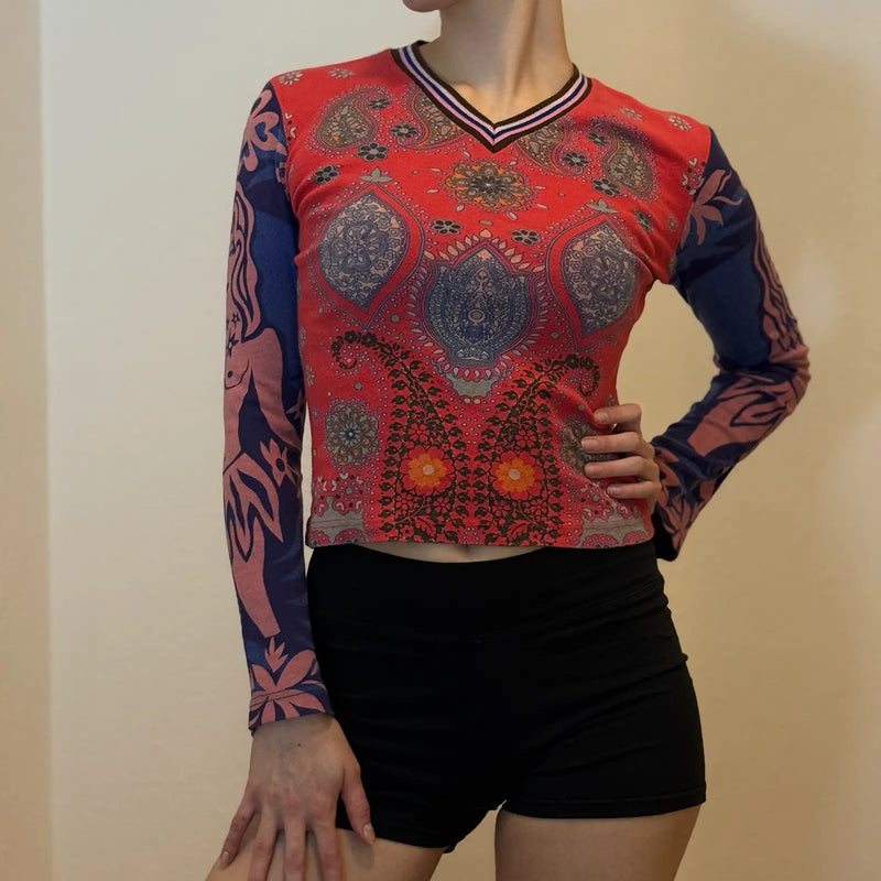 Vintage Y2K Boho Paisley Print Long Sleeve Top – Red Blue Patterned (S)