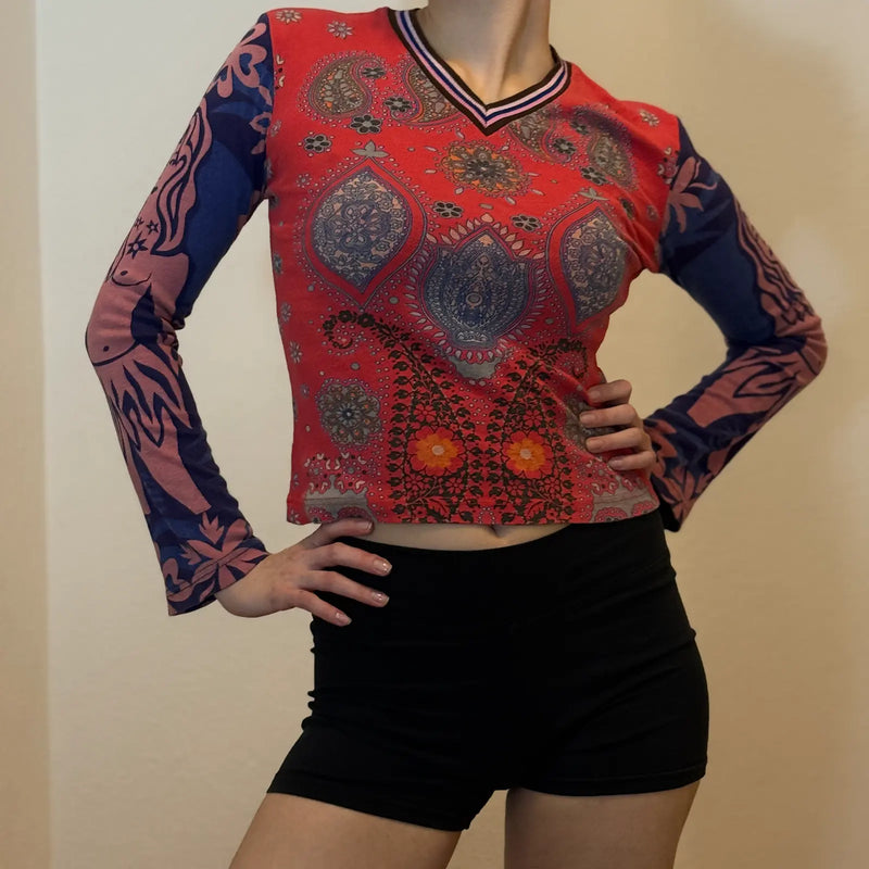 Vintage Y2K Boho Paisley Print Long Sleeve Top – Red Blue Patterned (S)