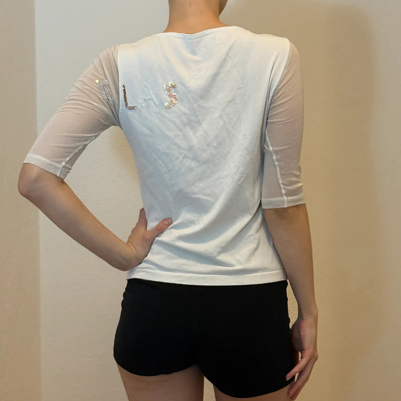 Early 2000s White V-Neck Top with Mesh Sleeves & Sequin Detail (S)