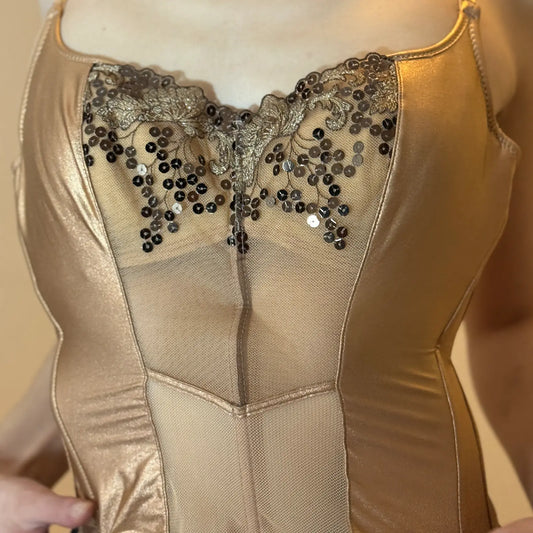Y2K Gold Satin Corset Top – Minimal Sequin Bustier Style (M/L)