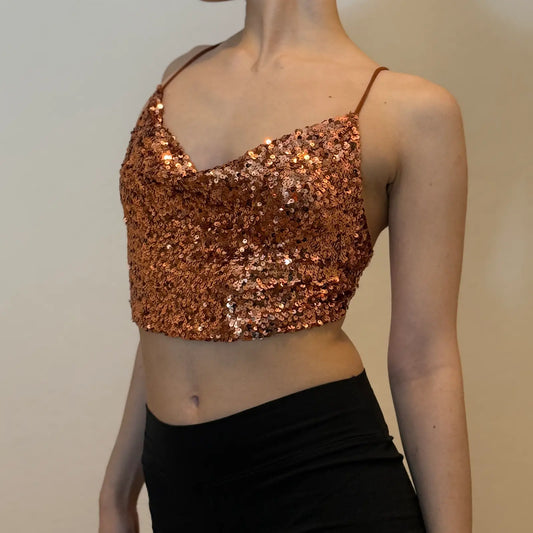 Copper Sequin Crop Top – Strappy Open Back Partywear (S)