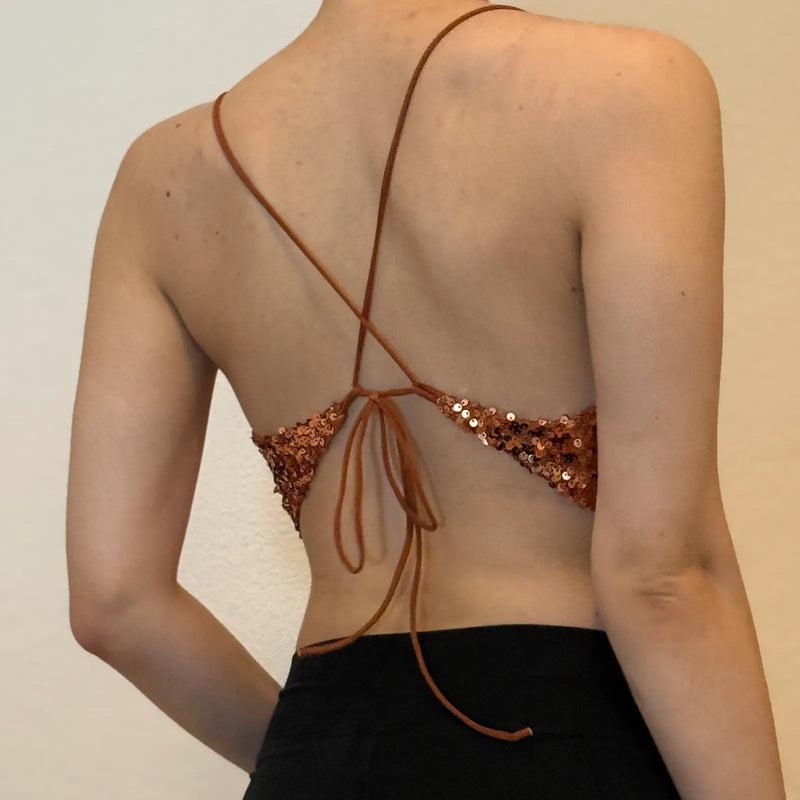Copper Sequin Crop Top – Strappy Open Back Partywear (S)