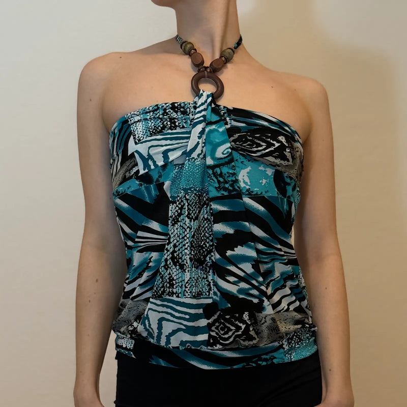 90s/2000s Halter Ring Top – Blue Animal Print Patchwork (S)