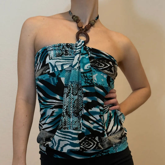 90s/2000s Halter Ring Top – Blue Animal Print Patchwork (S)