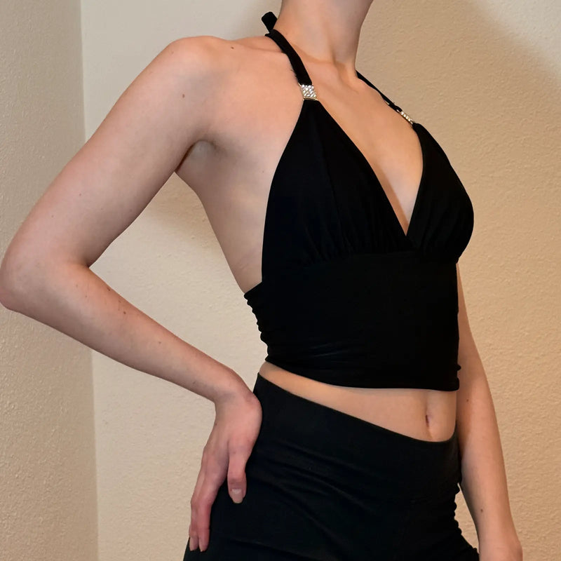 Black Rhinestone Y2K  Halter Top – Plunge Neck Clubwear (S)