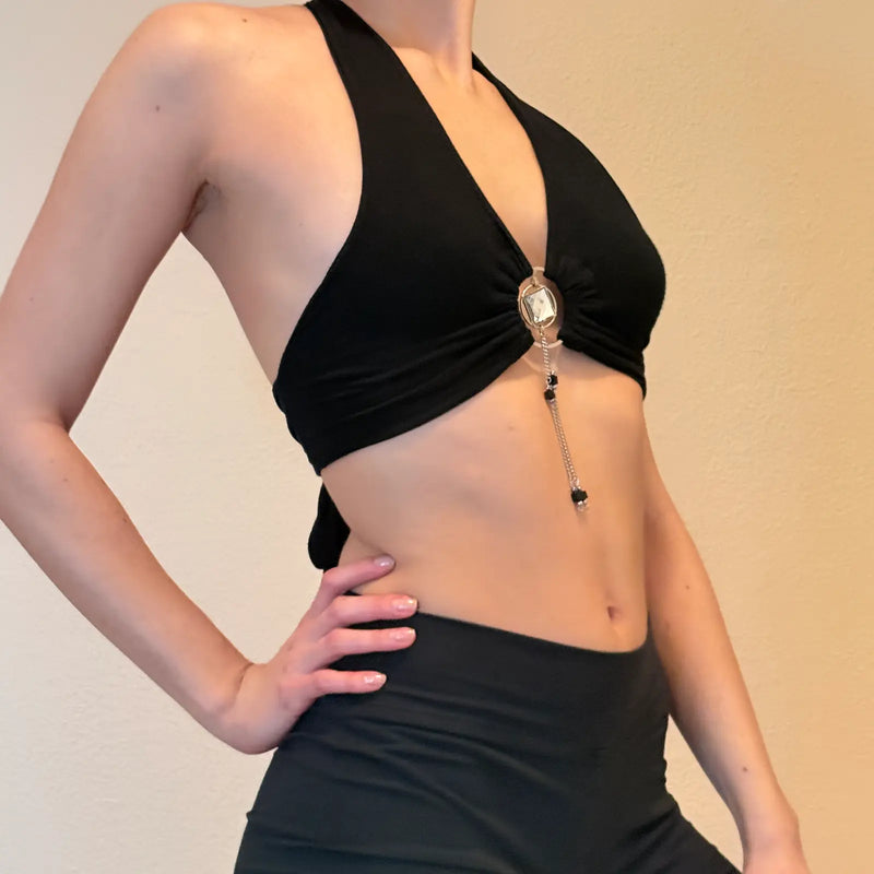 Black Halter Crop Top – Y2K Silver Hardware Clubwear (S)