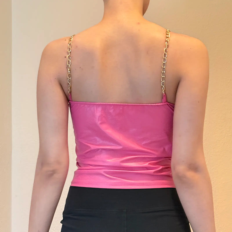 Y2K Pink Chain Strap Top – Shiny Barbiecore Clubwear (S)