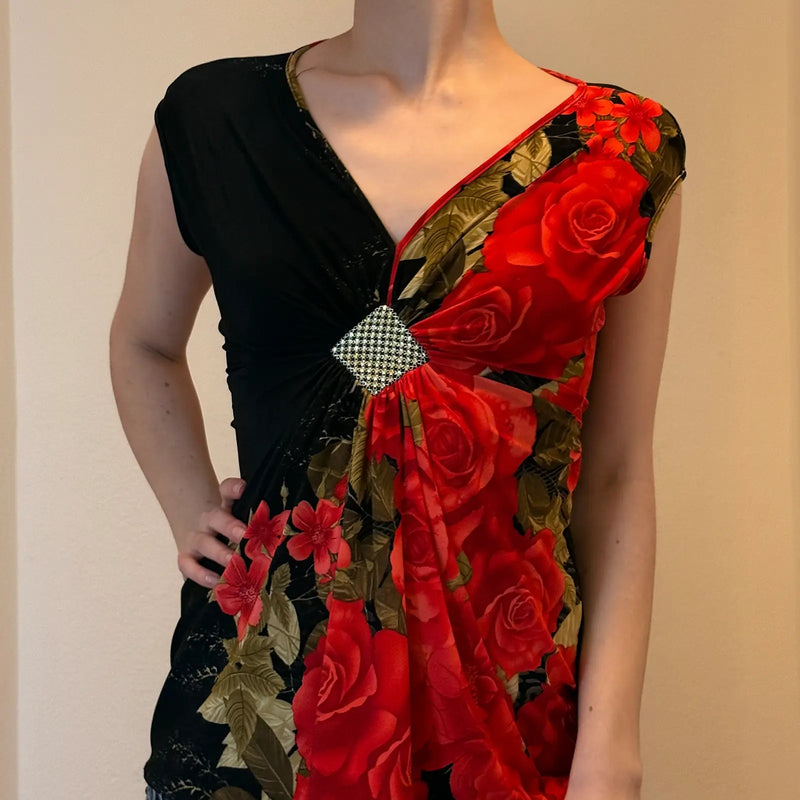 90s Rose Print Draped Top – Rhinestone Centerpiece Evening Style (M)