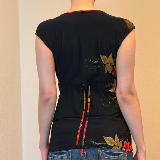 90s Rose Print Draped Top – Rhinestone Centerpiece Evening Style (M)