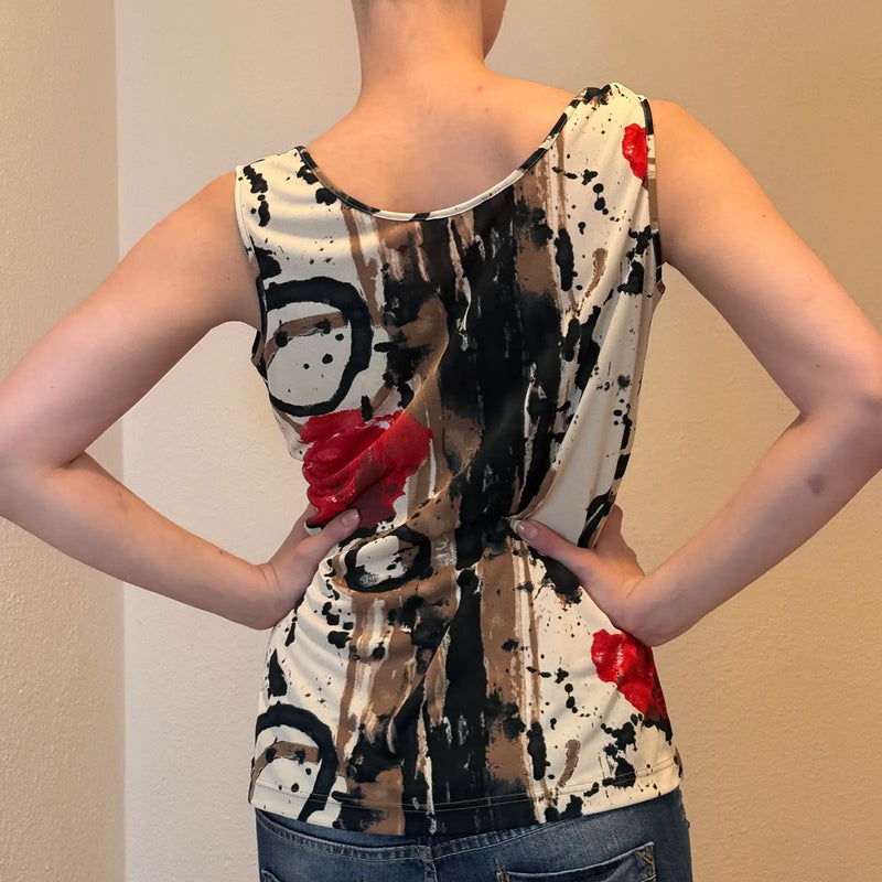 Y2K Abstract Rose Print Tank Top – Sleeveless Artsy Floral Beige Red (S)