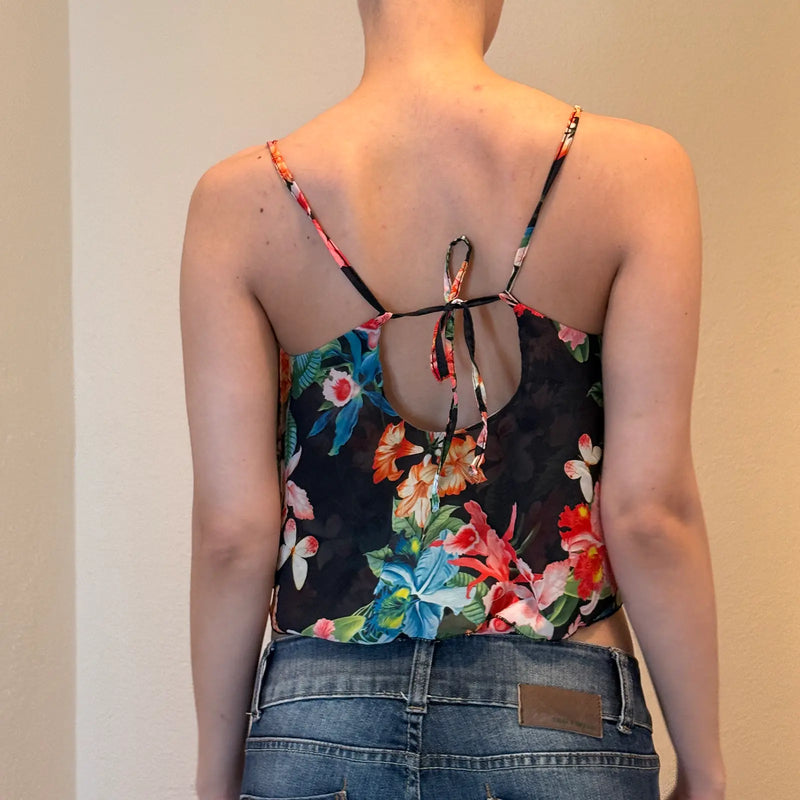 90s Tropical Floral Layered Crop Top – Sheer Summer Cami (S)