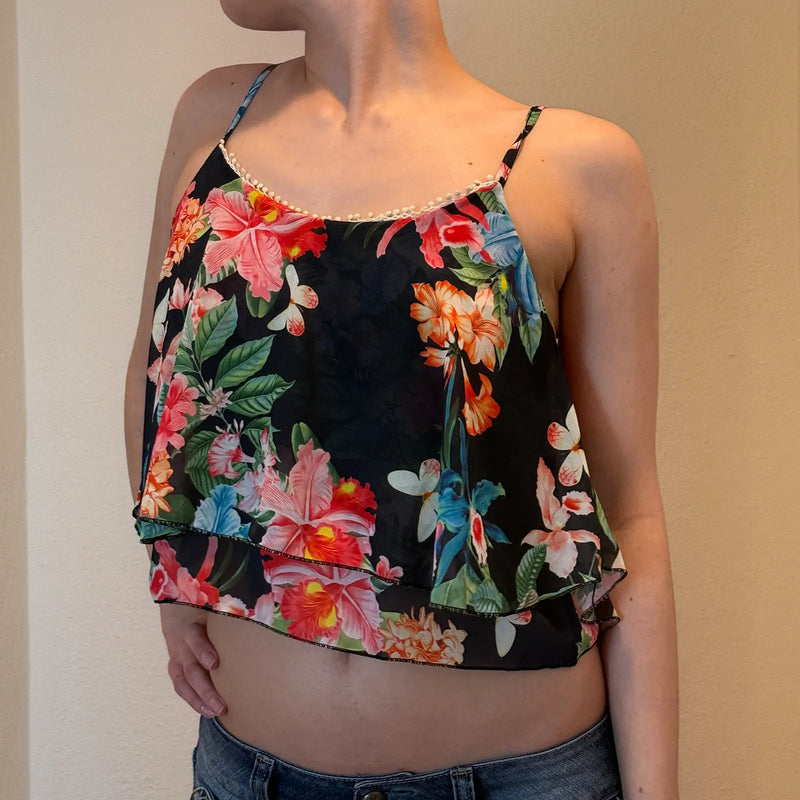 90s Tropical Floral Layered Crop Top – Sheer Summer Cami (S)