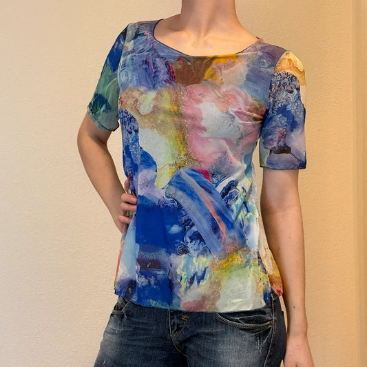 Abstract Print Mesh Top – Colorful Y2K Vintage Art Shirt (S)