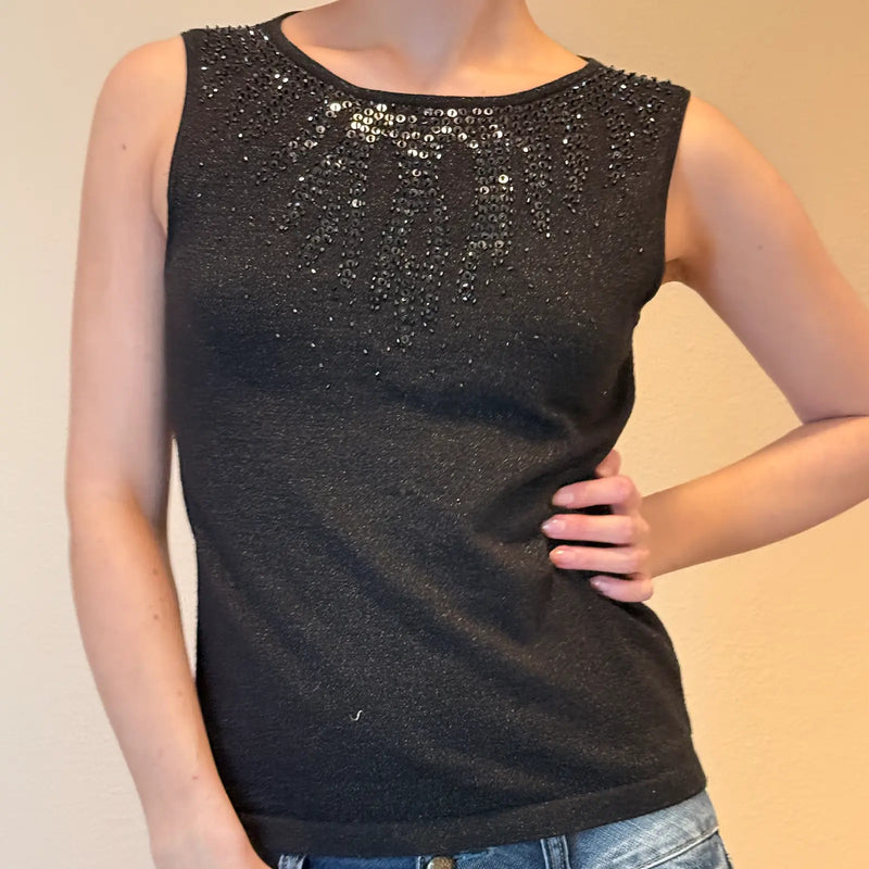 Y2K Black Sequin Knit Tank Top – Vintage Glam Party Style (S)