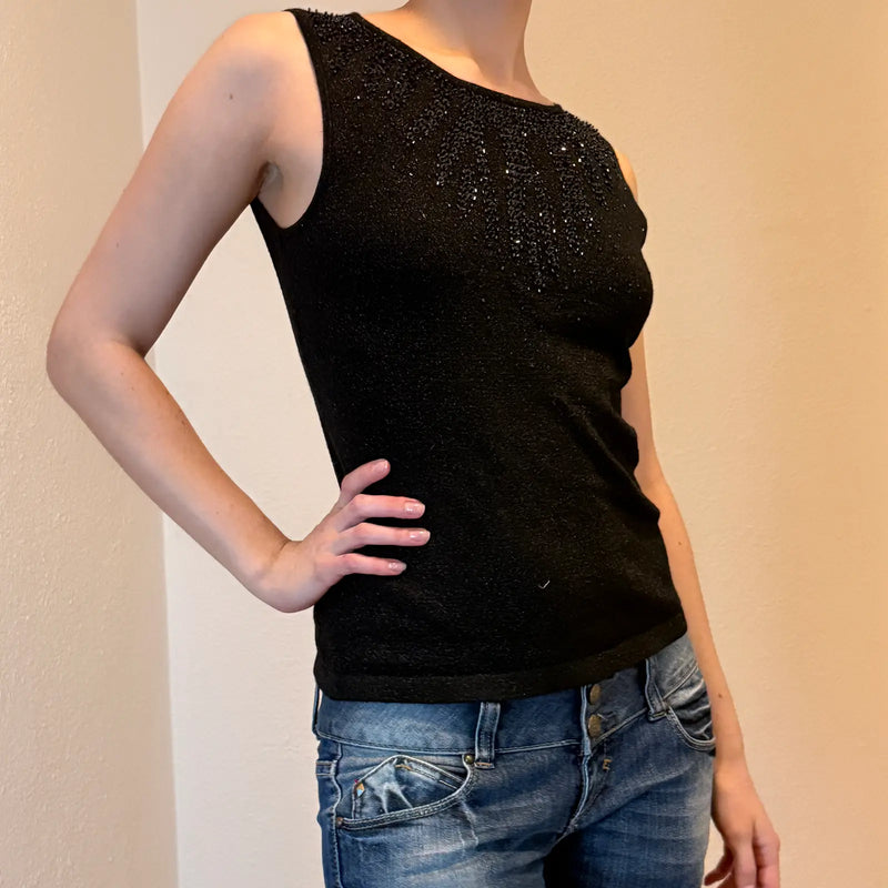 Y2K Black Sequin Knit Tank Top – Vintage Glam Party Style (S)