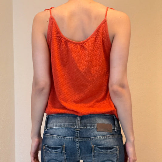 Y2K Orange Knit Tank Top with Tie Straps – Vintage Summer Cami (M)