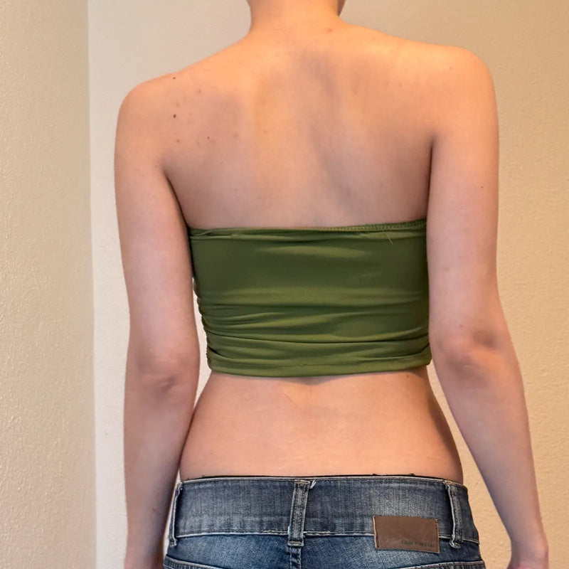 Y2K Green Strapless V-Cut Crop Top – Plunge Bandeau Clubwear (S)